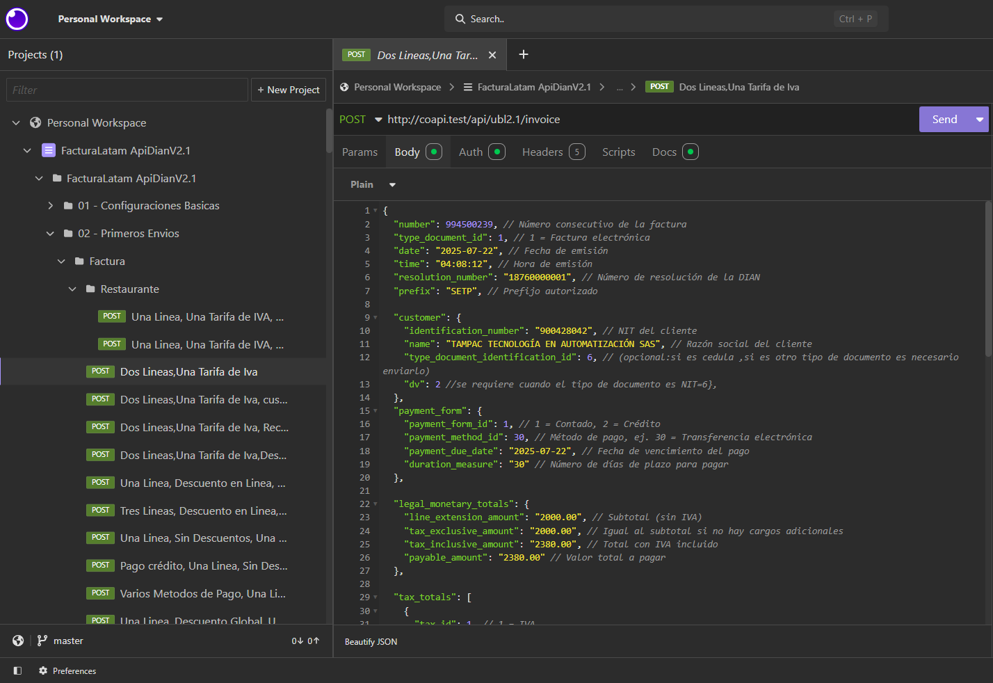 Request POST al endpoint de la API DIAN con el JSON del documento