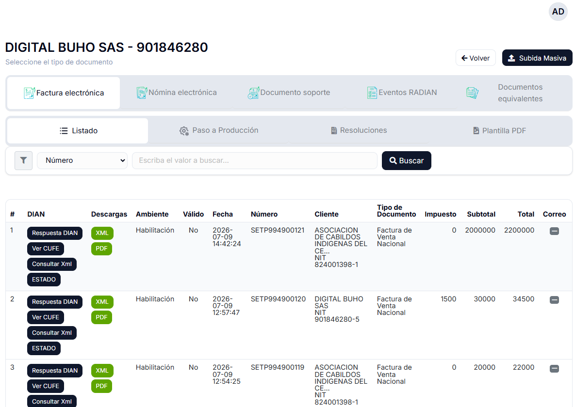 Resultado en el panel de la API DIAN de facturación electrónica