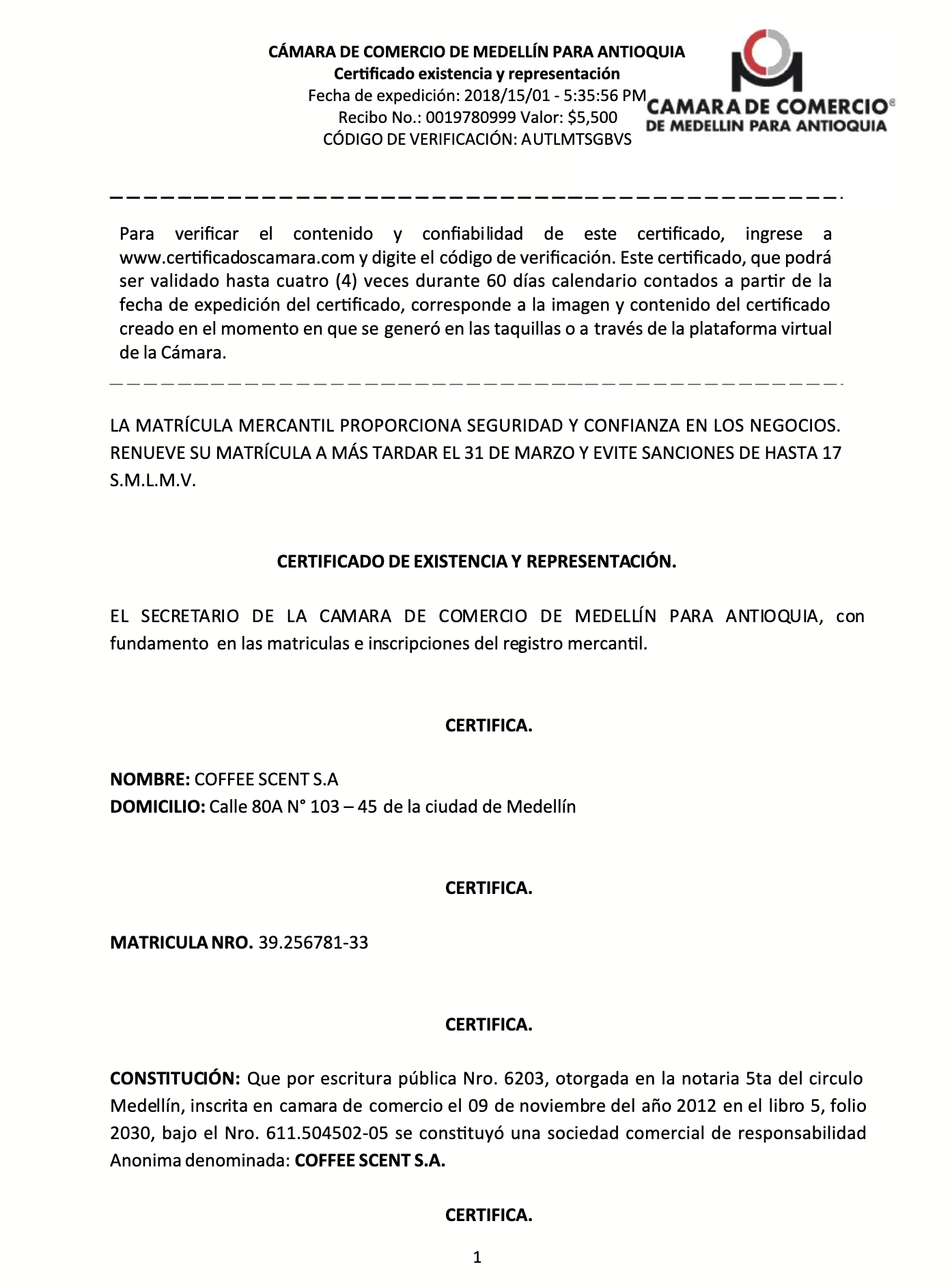 Ejemplo Certificado Cámara de Comercio